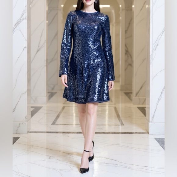 Cupio Navy Sequin cocktail Dress. Long sleeves.  Sparkles. - Picture 3 of 9